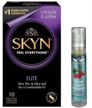 Набір з SKYN Elite (10 шт) + Рідкий вібратор потужний смак: 5th Paradise Liquid Vibrator &mdash; Червоні ягоди (10 мл) SOS9752 фото