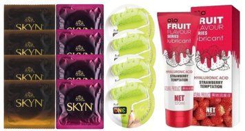 Комплект: Лубрикант OLO со вкусом клубники (120 мл) + 8 шт. SKYN + 4 шт. ONE Color Sensations SOS10626 фото