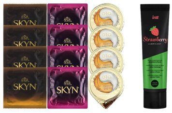 Набір з Лубрикант Intt Strawberry (100 мл) + 4 шт SKYN passion daiquiri + 4 шт SKYN CHERRY SUNRISE + 4 OLO з пролонгуючим ефектом SOS10348 фото