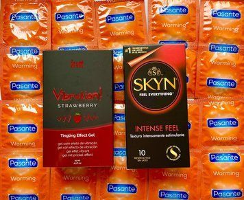 Комплект 22 шт SKYN Intense Feel - Pasante Warming + Рідкий вібратор Intt Vibration Strawberry (15 мл) SOS1586 фото