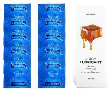 Набор Pasante Ribbed 10 шт. + Лубрикант Satisfyer Juicy Lubricant Creamy Caramel (300 мл) SOS12100 фото