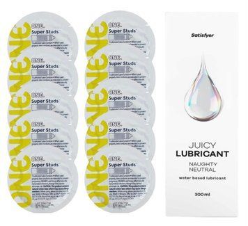 Комплект 𝐎𝐍𝐄 𝐒𝐮𝐩𝐞𝐫 𝐒𝐭𝐮𝐝𝐬 10 шт. + Лубрикант Satisfyer Juicy Lubricant Naughty Neutral (300 мл) SOS12350 фото
