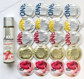 Набір 20 шт - ONE Super Studs, Classic, Vanish, Extreme ribs, Flavor Waves + System JO Aromatix Strawberry 120 мл SOS1886 фото