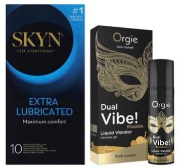Набор из SKYN Extra Lube (10 шт) + Жидкий вибратор SEXY VIBE "Коктейль Пена Колада" DUAL VIBE! (15 мл) от Orgie SOS10198 фото