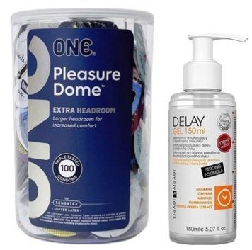 Набір з ONE Pleasure Dome, 100 шт + Пролонгатор Lovely Lovers DELAY GEL 150ml SOS9592 фото