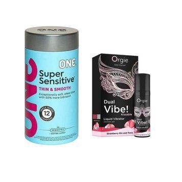 ONE Super Sensitive Pack 12 шт. + Жидкий вибратор Orgie Dual Vibe! Strawberry Gin & Tonic Kissable Liquid Vibrator, 15 мл SOS6554 фото