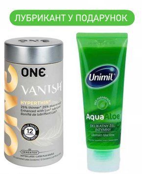 Набор ONE Vanish ультратонкие 12 шт. + Лубрикант на водной основе с экстрактом алоэ вера Unimil AquaAloe, 80 мл. SOS1292 фото