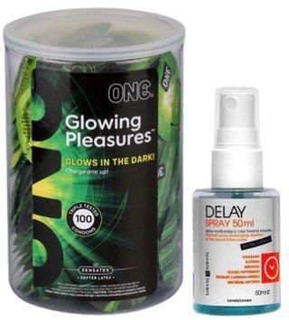 Набір з ONE Glowing Pleasures, 100 шт + Пролонгатор LOVELY LOVERS DELAY SPRAY 50 ML SOS9543 фото