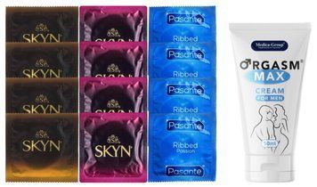 Комплект: Пролонгатор Medica-Group Orgasm Max 50 мл + 8 шт SKYN + 4 шт Pasante Ribbed SOS10970 фото