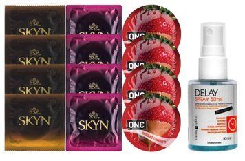 Комплект: Пролонгатор LOVELY LOVERS DELAY SPRAY 50 ML + 8 шт. SKYN + 4 шт. ONE Chocolate Strawberry SOS10871 фото