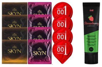 Набір:  Лубрикант Intt Strawberry (100 мл) + 4 шт SKYN passion daiquiri + 4 шт SKYN CHERRY SUNRISE + 4 OLO збуджуючі з розігріваючим ефектом SOS10349 фото