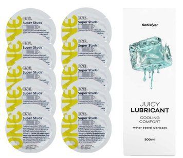 Комплект 𝐎𝐍𝐄 𝐒𝐮𝐩𝐞𝐫 𝐒𝐭𝐮𝐝𝐬 10 шт. + Лубрикант Satisfyer Juicy Lubricant Cooling Comfort (300 мл) SOS12351 фото