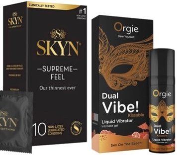 Набір з Skyn Supreme Feel 10 шт + Рідкий вібратор SEXY VIBE "Коктейль Секс на пляжі" DUAL VIBE! (15 мл) від Orgie SOS10299 фото