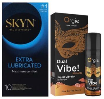 Набор из SKYN Extra Lube (10 шт) + Жидкий вибратор SEXY VIBE "Коктейль Секс на пляже" DUAL VIBE! (15 мл) от Orgie SOS10199 фото