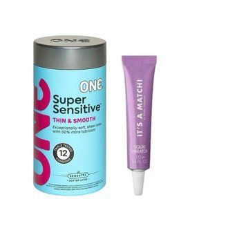 ONE Super Sensitive Pack 12 шт. + Жидкий вибратор Bijoux Indiscrets Clitherapy Liquid Vibrator &ndash; IT'S A MATCH SOS6555 фото