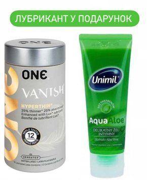 Набор ONE Vanish ультратонкі 12 шт + Лубрикант Unimil Aloe 80 мл SOS1838 фото