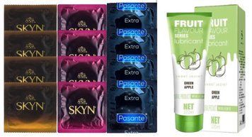 Комплект: Лубрикант OLO со вкусом яблока (120 мл) + 8 шт. SKYN + 4 шт. Pasante Extra Safe SOS10728 фото