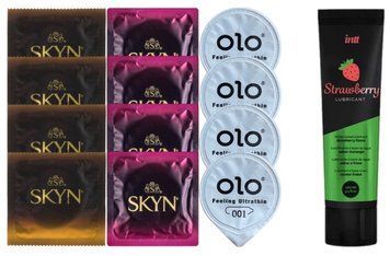 Набір:  Лубрикант Intt Strawberry (100 мл) + 4 шт SKYN passion daiquiri + 4 шт SKYN CHERRY SUNRISE + 4 OLO Feeling Ultrathin 001 SOS10350 фото