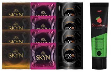 Комплект: Лубрикант Intt Strawberry (100 мл) + 8 шт SKYN + 4 шт EXS Black Latex SOS10400 фото