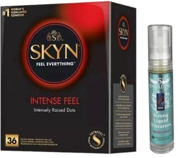 Набір з SKYN Intense Feel (36 шт)  + рідки вібратор 5th Paradise Liquid Vibrator &mdash; Енергетичний напій (10 мл)  SOS9854 фото