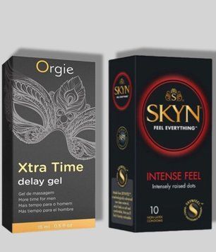 SKYN Intense Feel 10 шт + Пролонгатор X-TRA TIME, 15 мл ORGIE  SOS5646 фото