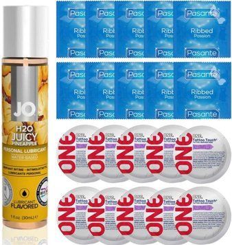 Набор 20 шт Pasante Ribbed и ONE Tattoo Touch + System JO H2O &mdash; Juicy Pineapple (30 мл) SOS4906 фото