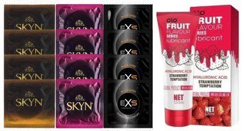 Комплект: Лубрикант OLO со вкусом клубники (120 мл) + 8 шт. SKYN + 4 шт. EXS Black Latex SOS10582 фото
