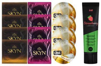 Набір:  Лубрикант Intt Strawberry (100 мл) + 4 шт SKYN passion daiquiri + 4 шт SKYN CHERRY SUNRISE + 4 ONE Banana Split SOS10351 фото