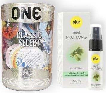Набор из ONE Classic Select 100 шт+pjur MED Prolong Spray 20 мл SOS9001 фото