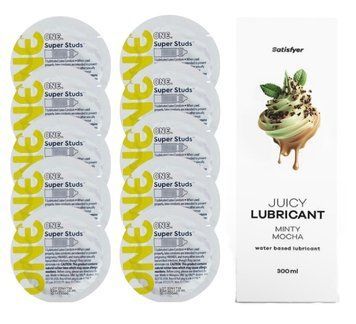 Комплект 𝐎𝐍𝐄 𝐒𝐮𝐩𝐞𝐫 𝐒𝐭𝐮𝐝𝐬 10 шт. + Лубрикант Satisfyer Juicy Lubricant Minty Mocha (300 мл) SOS12353 фото