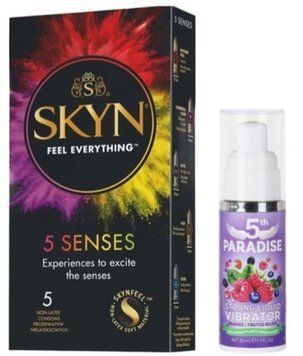 Набір з SKYN 5 Senses + Рідкий вібратор потужний смак: червоні ягоди, 30 мл 5th Paradise  SOS9646 фото