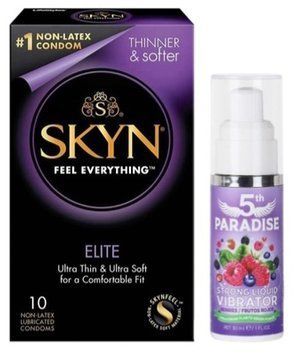 Набір з SKYN Elite (10 шт) + Рідкий вібратор потужний смак: 5th Paradise Liquid Vibrator &mdash; Червоні ягоди (30 мл)  SOS9756 фото