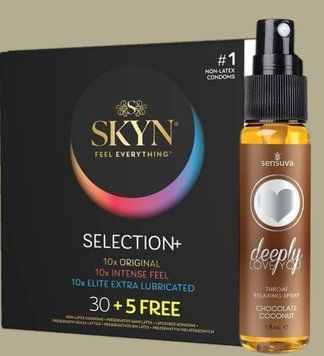 Комплект Skyn Selection 30 шт + 5 of 5 Senses , 35 шт + Спрей   Sensuva Deeply Love You Chocolate Coconut (29 мл) SOS5506 фото