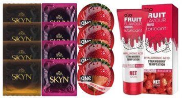 Комплект: Лубрикант OLO со вкусом клубники (120 мл) + 8 шт. SKYN + 4 шт. ONE Chocolate Strawberry SOS10630 фото