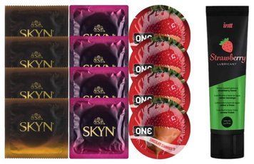 Набір:  Лубрикант Intt Strawberry (100 мл) + 4 шт SKYN passion daiquiri + 4 шт SKYN CHERRY SUNRISE + 4 шт ONE Chocolate Strawberry SOS10352 фото
