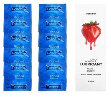 Комплект Pasante Ribbed 10 шт. + Лубрикант Satisfyer Juicy Lubricant Blast Berry (300 мл) SOS12104 фото