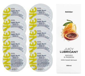 Комплект 𝐎𝐍𝐄 𝐒𝐮𝐩𝐞𝐫 𝐒𝐭𝐮𝐝𝐬 10 шт. + Лубрикант Satisfyer Juicy Lubricant Mango & Passion (300 мл) SOS12354 фото