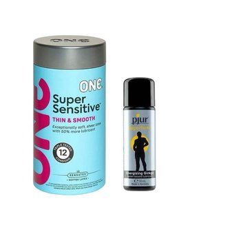 ONE Super Sensitive Pack 12 шт. + Стимулирующая смазка на водной основе pjur Superhero glide, 30 мл SOS6509 фото
