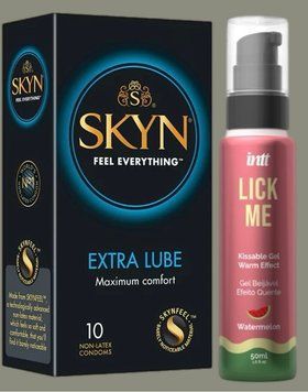 Набор Skyn ​​Extra Lube 10 штук+Гель INTT Lick Me Kissable Gel Watermelon 50 мл SOS5262 фото