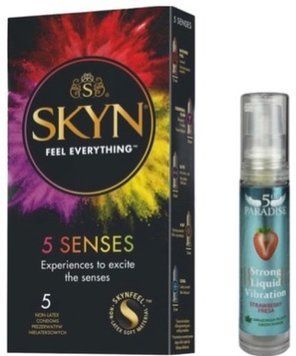 Набір з SKYN 5 Senses + Рідкий вібратор потужний смак: полуниця, 10 мл 5th Paradise SOS9647 фото