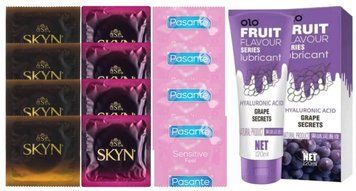 Комплект: Лубрикант OLO со вкусом винограда (120 мл) + 8 шт. SKYN + 4 шт. Pasante extra sensitive SOS10681 фото