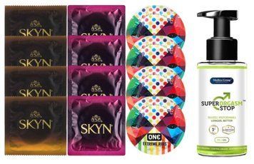 Комплект: Пролонгатор Super Orgasm Stop Гель (150 мл) + 8 шт. SKYN + 4 шт. One Extreme ribs SOS10781 фото