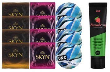 Набір:  Лубрикант Intt Strawberry (100 мл) + 4 шт SKYN passion daiquiri + 4 шт SKYN CHERRY SUNRISE + 4 шт ONE Fresh Mint SOS10353 фото
