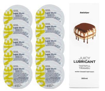 Комплект 𝐎𝐍𝐄 𝐒𝐮𝐩𝐞𝐫 𝐒𝐭𝐮𝐝𝐬 10 шт. + Лубрикант Satisfyer Juicy Lubricant Tasteful Tiramisu (300 мл) SOS12355 фото