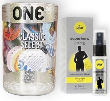 Набор с 100 шт ONE Classic Select + pjur Superhero Strong Spray 20 ml SOS9003 фото