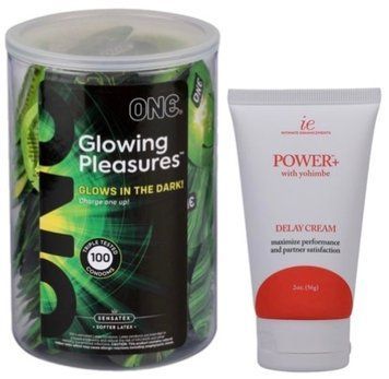 Набор из ONE Glowing Pleasures, 100 шт + Пролонгатор Doc Johnson Power+ с Yohimbe Delay Cream For Men 56 г SOS9547 фото