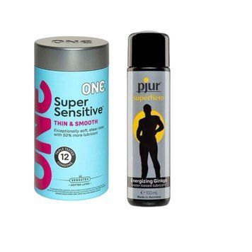 ONE Super Sensitive Pack 12 шт. + Стимулирующая смазка на водной основе pjur Superhero glide, 100 мл SOS6510 фото