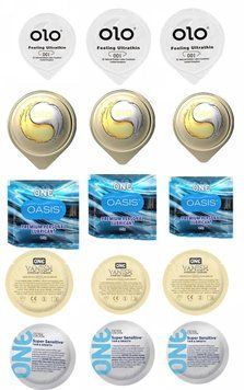 Set из 15 штук: OLO - классические , пролонгирующие , ONE - Vanish , Super Sensitive , лубрикант Oasis SOS128 фото