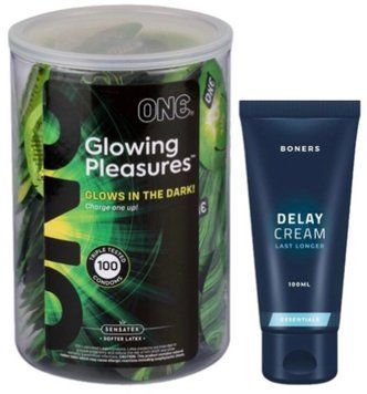 Набор из ONE Glowing Pleasures, 100 шт + Пролонгатор Boners Delay Cream 100 мл SOS9548 фото