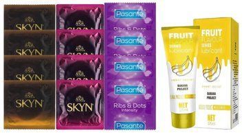 Комплект: Лубрикант OLO Banana (120мл) + 8 шт. SKYN + 4 шт. Pasante Intensity SOS10484 фото